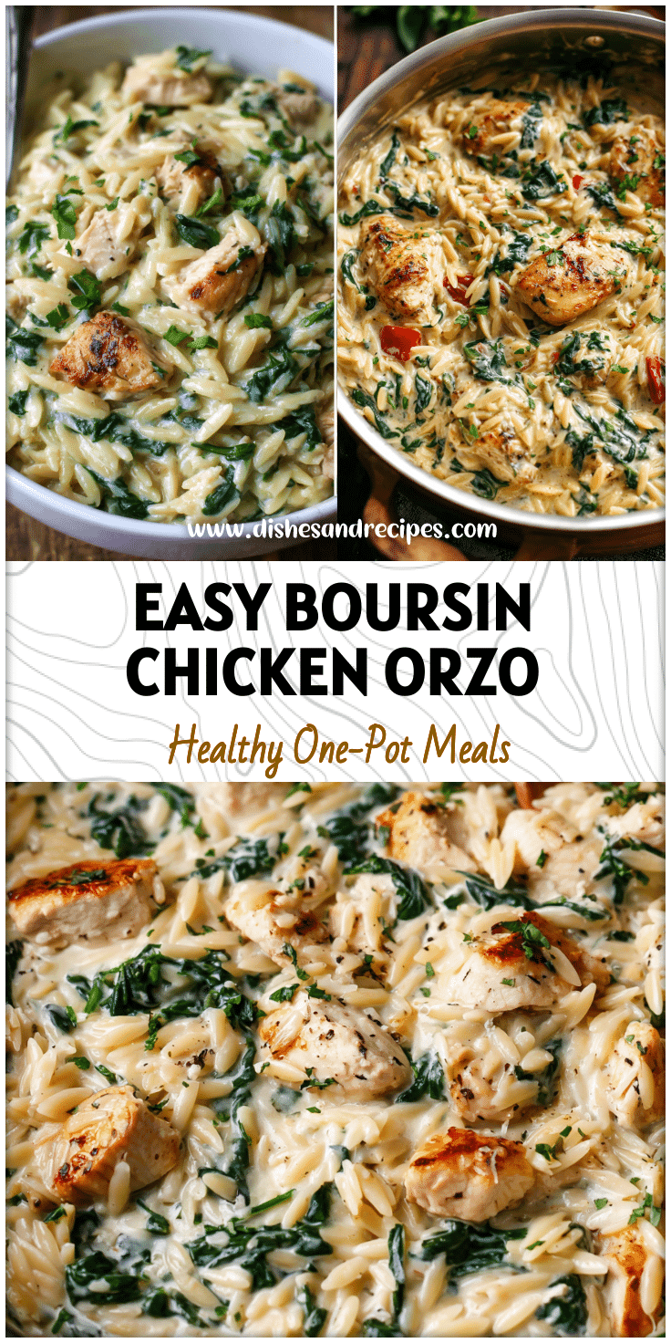 One-pot creamy chicken and spinach orzo with Boursin cheese, a comfort-food Spinach Orzo Dinner.